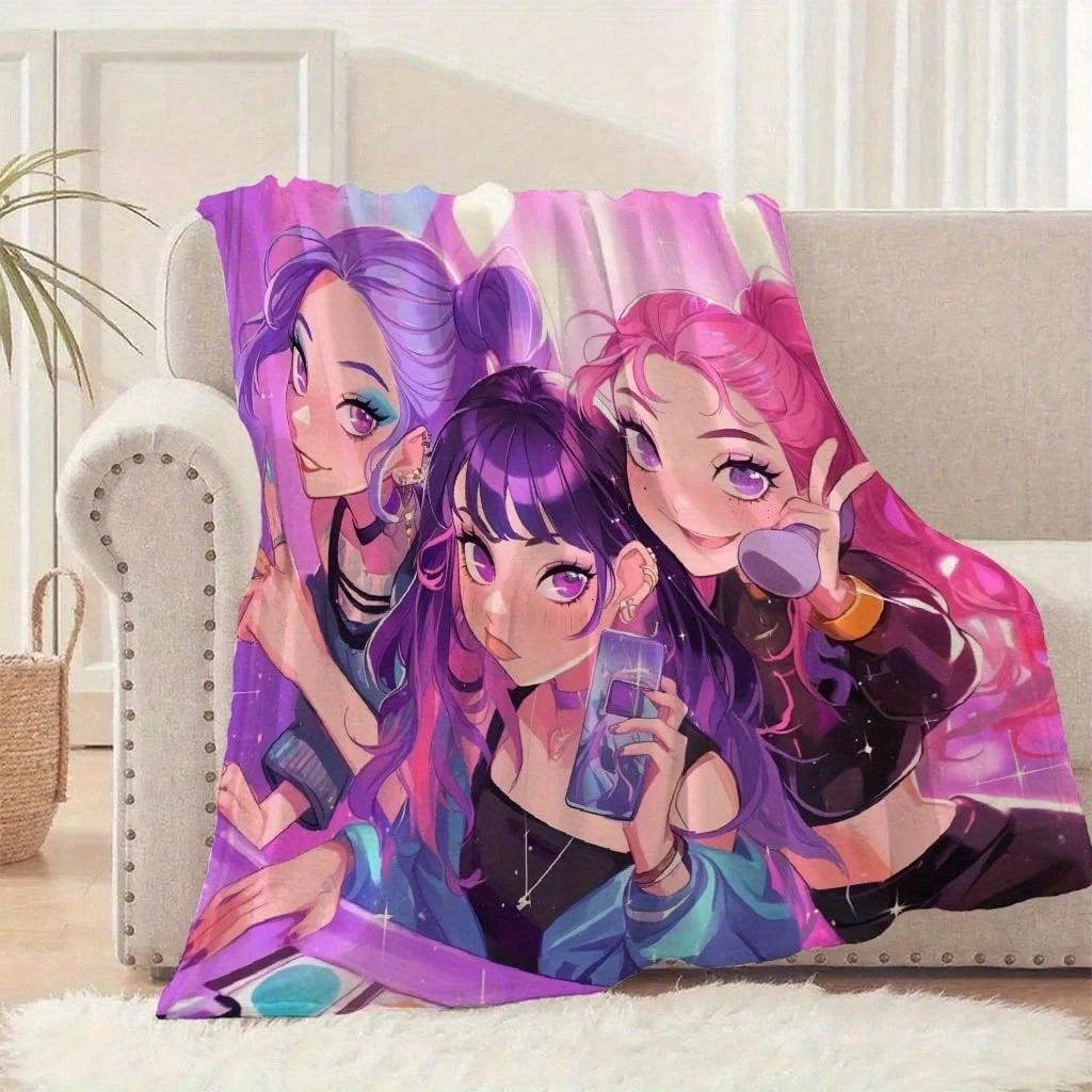 1pc Cute Anime Girls Flannel Blanket, 2D Print Flannel Throw, Purple Pink Kawaii Anime Blanket for Bedroom Living Room Camping,