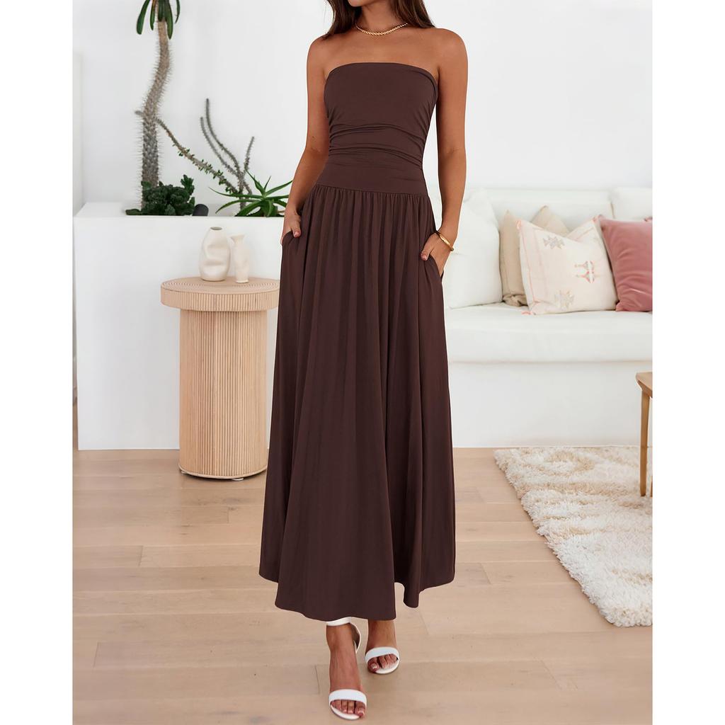 Summer Dresses For Women Strapless Ruched Tube Top Beach Vacation Dress Pockets