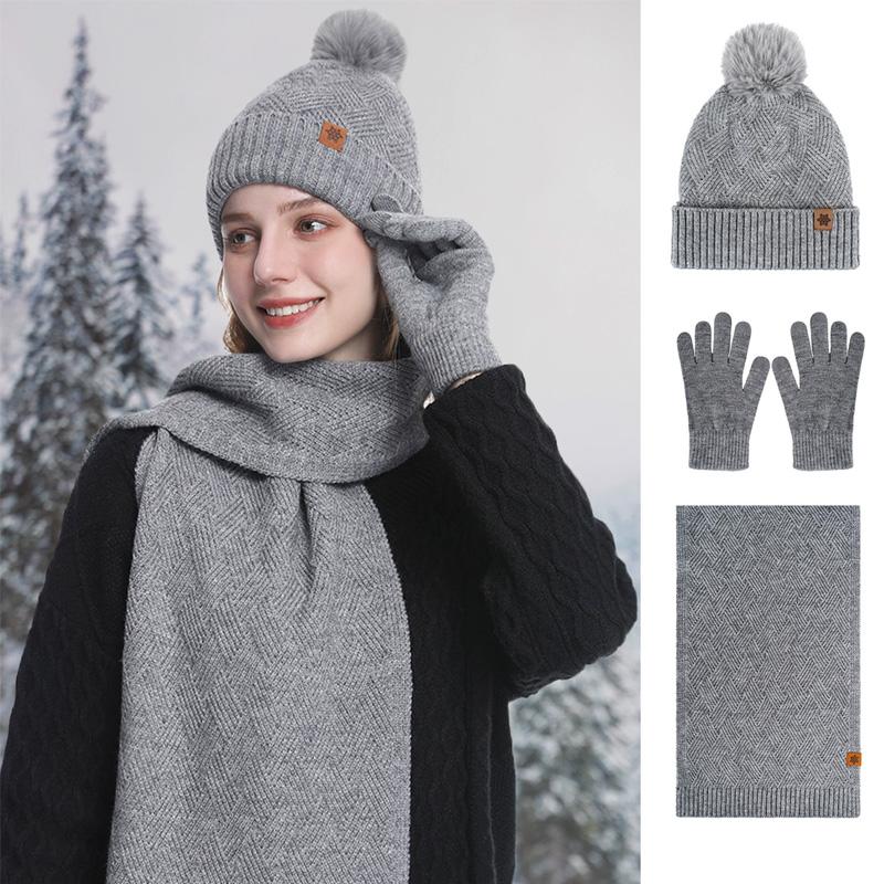 3pcs/set Hat Scarf For Women Gloves Set Outdoor Riding With Touch Screen Winter Pompom Hat Knit Beanie Fleece Lined
