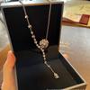 Tassel Camellia Necklace Female, Light Luxury Full Diamond Flower Pendant Water Drop Long Sweater Chain