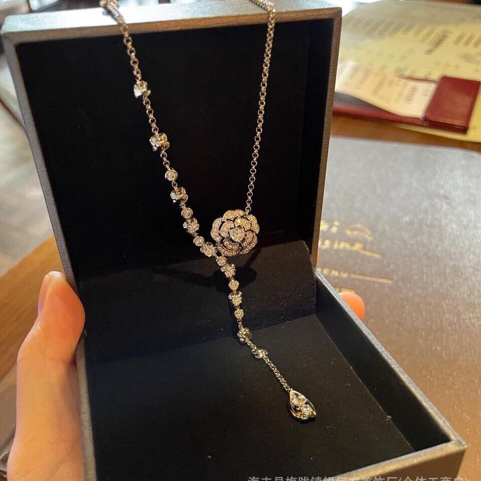 Tassel Camellia Necklace Female, Light Luxury Full Diamond Flower Pendant Water Drop Long Sweater Chain