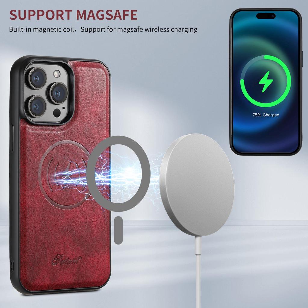 iPhone 17 Pro MagSafe Leather Case with Wireless Charging & Magnetic Card Holder Stand