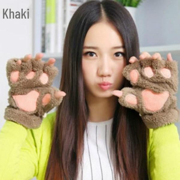 Korean Style Women's Half-Finger Plush Gloves with Embroidered Bear and Cat Paw Design