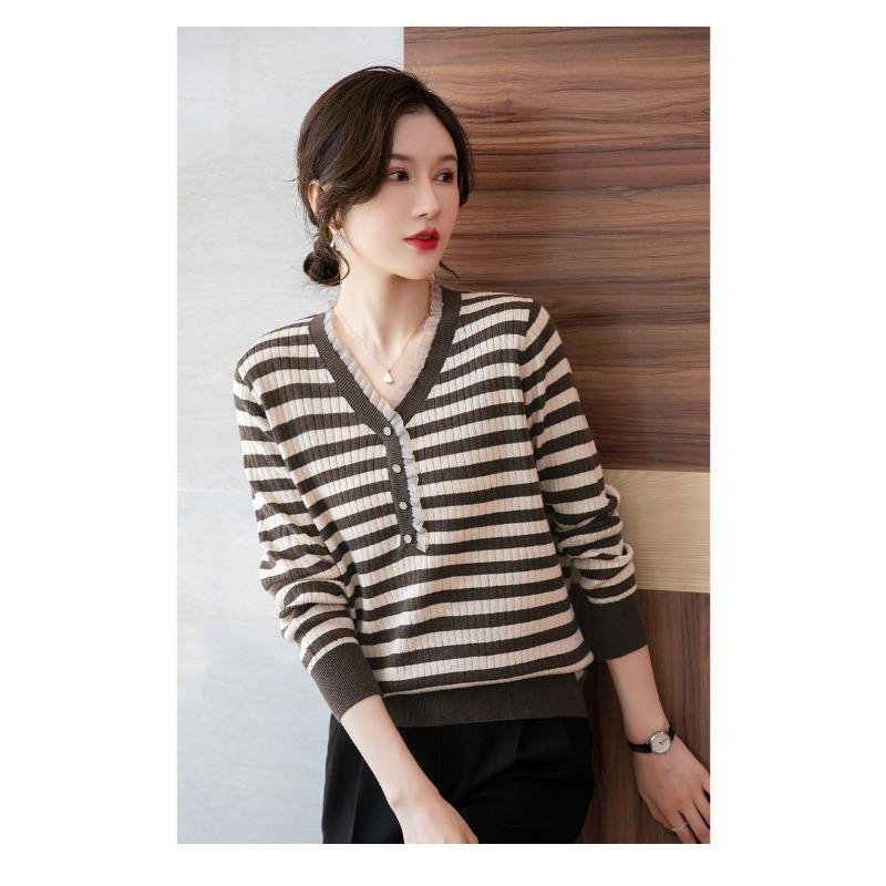 New Autumn and Winter Long-sleeved V-neck Sweater Stylish and Loose Slim Striped Sweater for Middle-aged Women