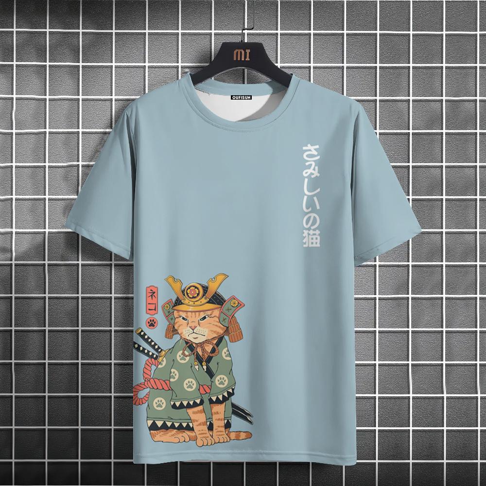 

Летние новые 3D мужские футболки с графикой японского кота-самурая, модные, повседневные, с яркой индивидуальностью, крутые, в уличном стиле, с принтом, с коротким рукавом, топ 3XL