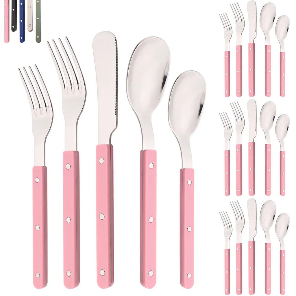 20Pcs Cutlery Set Acrylic Handle Tableware Knife Fork Set Stainless Steels Green Silver Western Dinnerware Home Kitchen Flatware