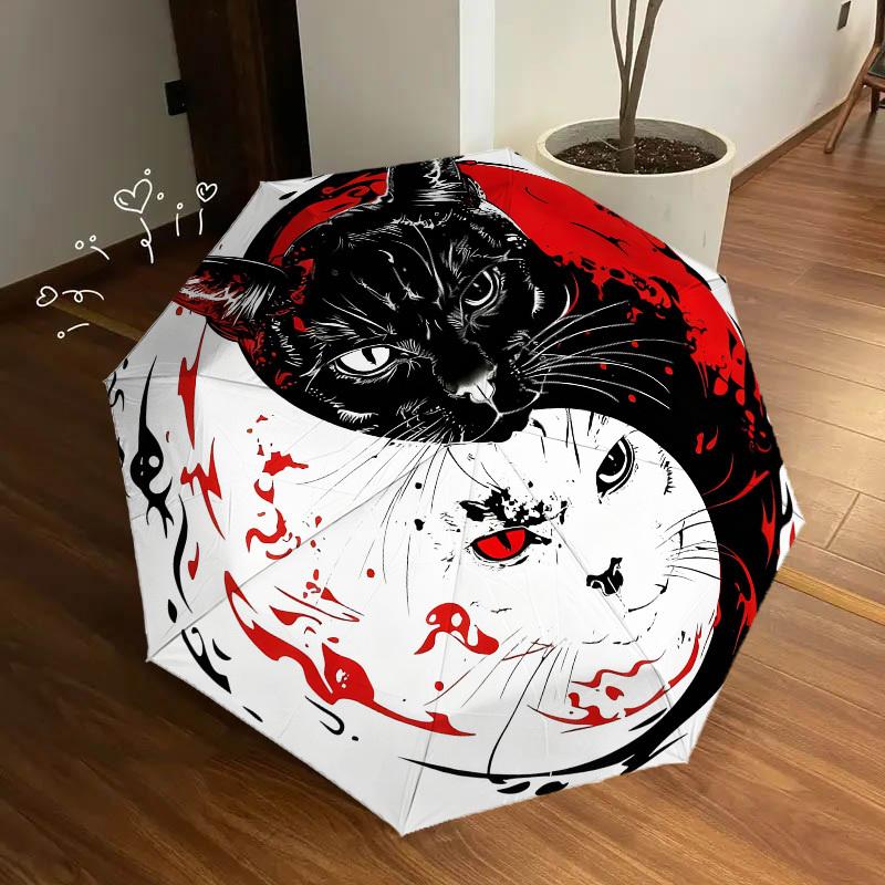 1pc Black Cat Yin Yang Automatic Folding Umbrella, Heavy Duty 8 Rib Iron Frame, Suitable for Travel, Daily Use, Birthday, Decor Gift 20