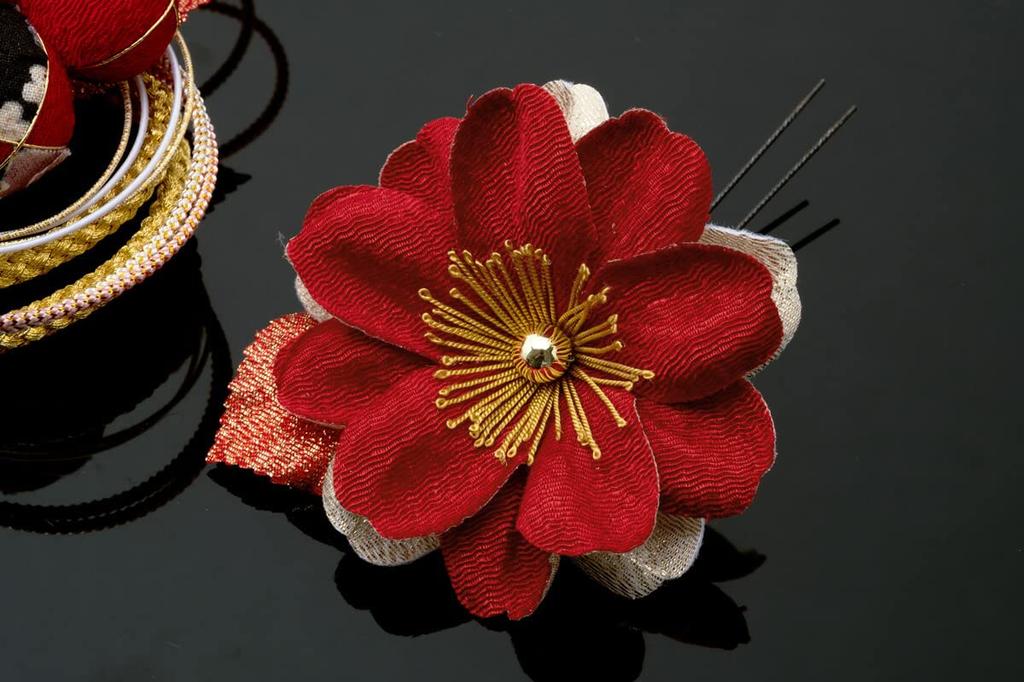 Haarschmuck für die Zeremonie zur Volljährigkeit, Abschlussfeier, 2-teiliges Set, Rot, Rot, Goldene Kirschblüte, Corsage, Zopf, Perlendekoration, Kammtyp, U-Nadeltyp