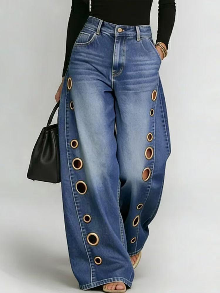 

Women’s Solid-colour Loose-fit Denim Trousers with Metal Studs for Spring Summer S синий