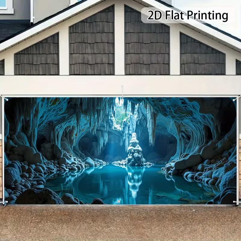 

2D Mystical Cave with Lake Garage Door Banner, 2D Flat Printing Crystal Cave Background 47.2x31.5inch/120*80cm