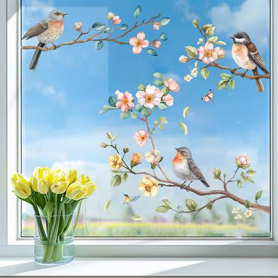 Pink Flowers Birds On Branch Wall Sticker Self Adhesive Decoration for Living Room Bedroom Home Decor