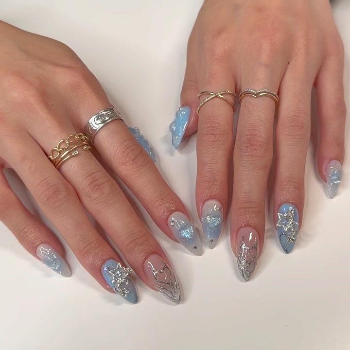 Blue Almond Stars & Hearts Nail Art Stickers | Wearable False Nail Tips Glue Version
