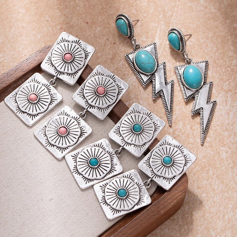 Western Style Turquoise Earrings, High-End Exaggerated Temperament Lightning Earrings, Retro Bohemian Earrings