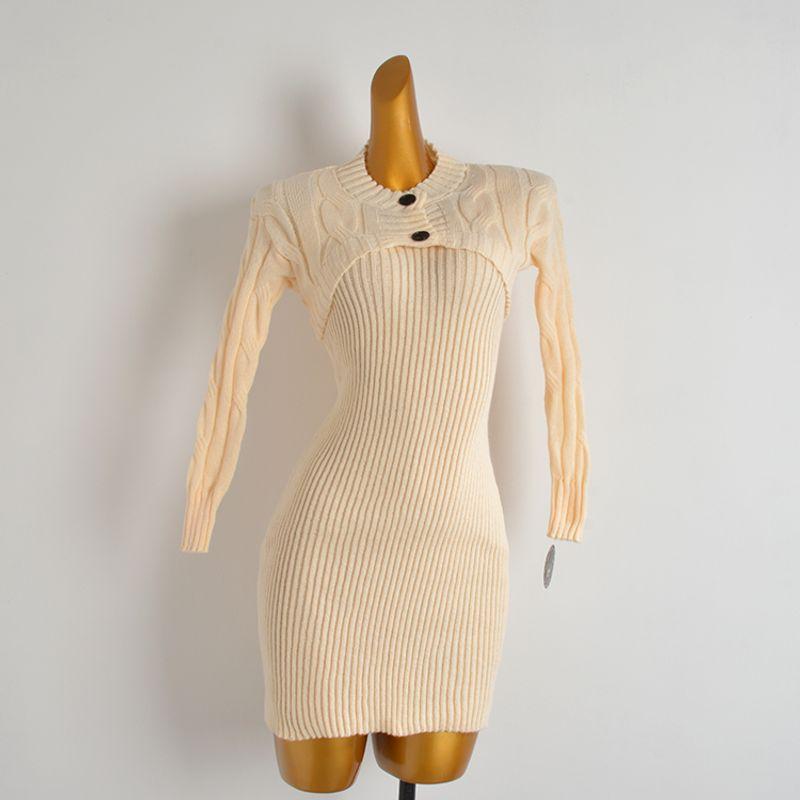 

Осень и Зима Новое поступление Кардиган вязаный свитер с длинными рукавами Костюм Женская одежда Приталенный силуэт Лестный Блузка Жилет Платье Набор из двух предметов Apricot color One size