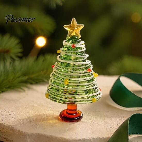 Handmade Colored Glass Decor Glazed Christmas Tree Figurine, Colorful Miniature Xmas Decor, Handcrafted Seasonal Home Festive Ornament Table