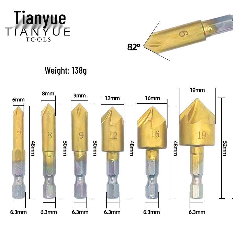 6-Piece Titanium-Plated 5-Flute Countersink Set with Hex Shank (6-19mm)