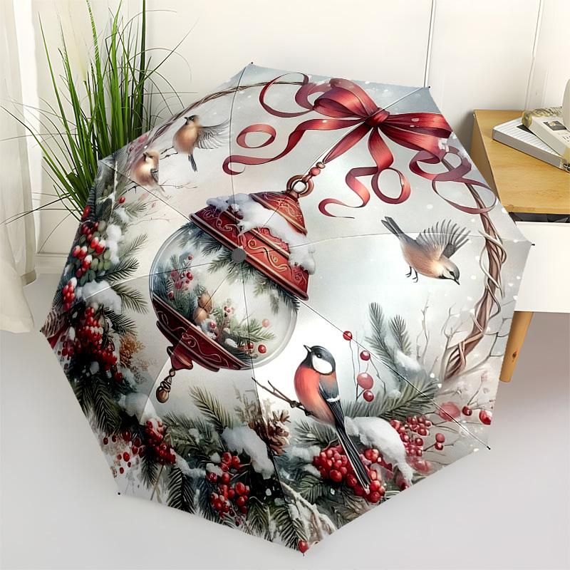 1pc Christmas Wreath with Snowy Berries and Birds, Automatic Opening Umbrella, Portable 3-Fold Design, 8-Bone Iron Frame Outdoor Umbrella, Festive Gif