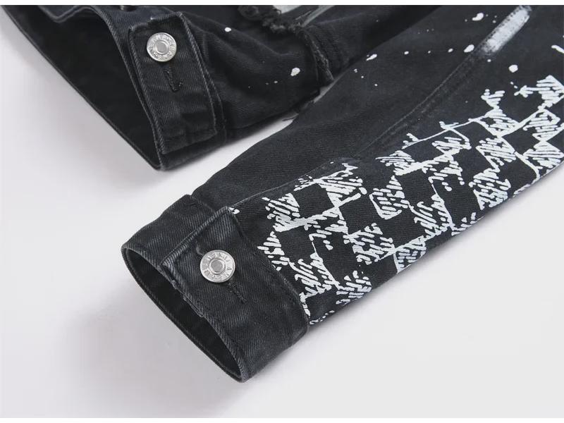 2024 Men's Spring Black Patchwork Printed Denim Cardigan Vest