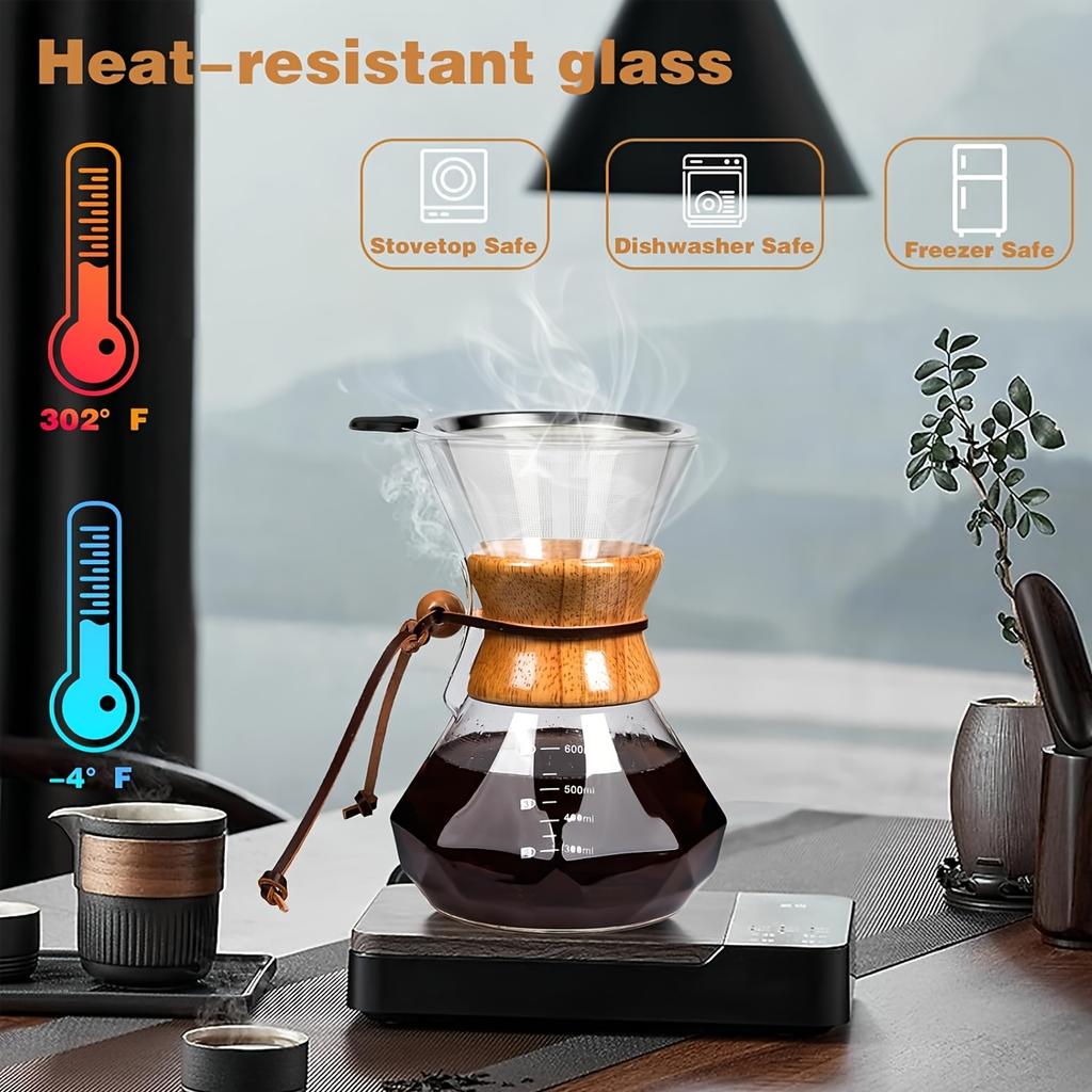 Pour Over Coffee Maker with Reusable Stainless Steel Filter and 100Pcs Filter Paper, 13.5/20oz Borosilicate Glass Coffee Carafe