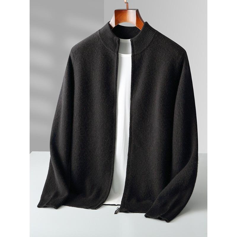 100% Merino Wool Men's Warm Sweater Mock Collar Thickened Zippered Cardigan Autumn Winter New Cashmere Knitted Long Sleeve Tops