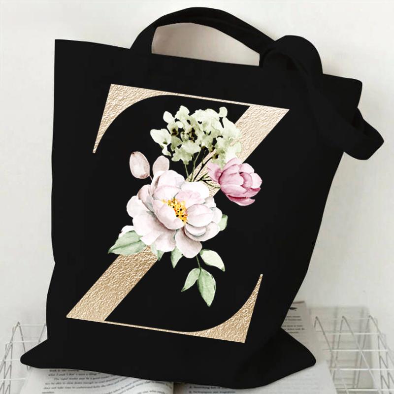 

Цветочный английский алфавит Графический Женские холщовые сумки для покупок Золотые буквы ABCD Сумка через плечо Дорожные сумки для мобильных телефонов