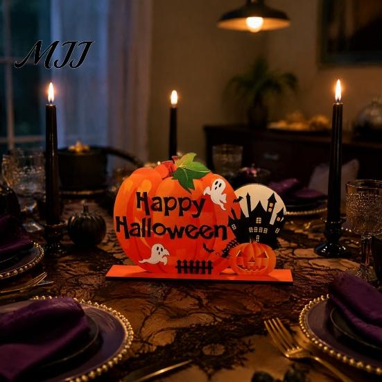 Decorative Crafts for Shelves Halloween Pumpkin Wooden Table Centerpiece, Creative Haunted House & Ghost Compact Dining Decorations Desktop