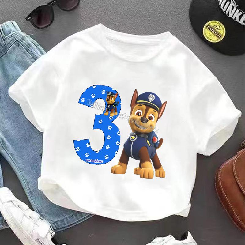 Paw Patrol Chase T-shirt for Children Birthday Figure Tee Top Boys White Clothes Cartoon Short Sleeve Kids Loose Clothing Gift