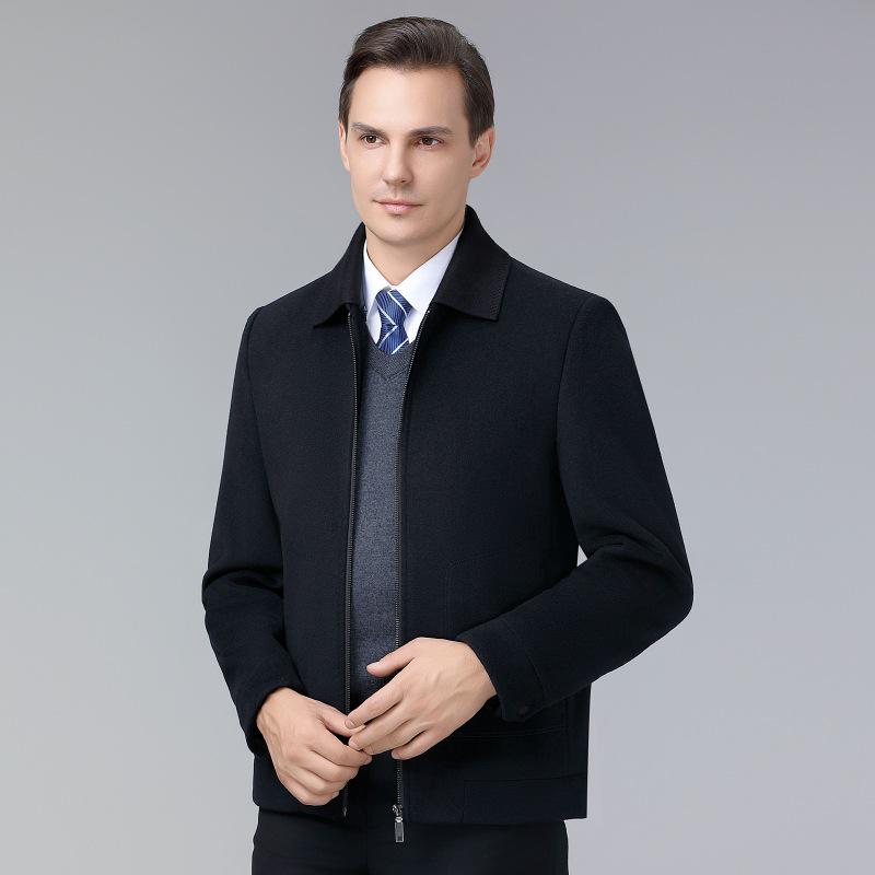Brand Men's Woolen Baseball Collar Lapel Jacket for Middle-Aged and Elderly - Autumn/Winter Business Lambswool Overcoat