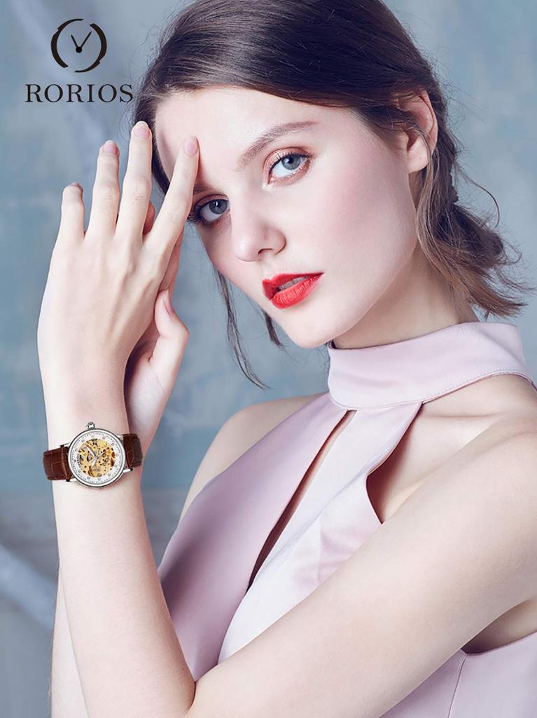 RORIOS Watch Women's Popular Fashion Leather Mechanical Automatic Luminous Clover Skeleton Hollow Business Watch Skeleton white & brown A
