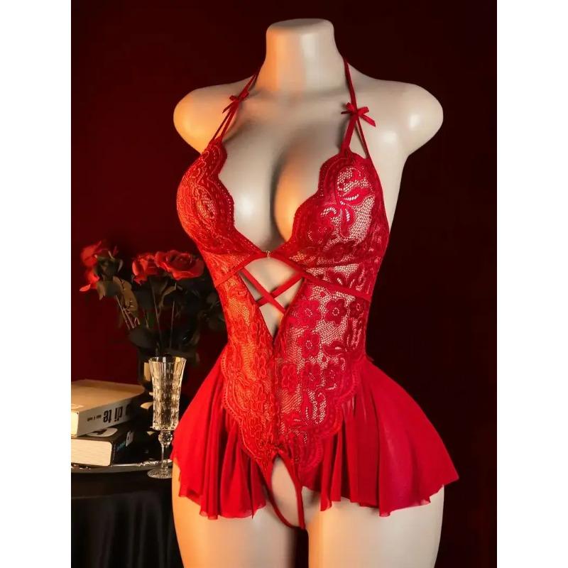Red Women Open Bodysuit Crotchless Sexy Temptation Adult Erotic Lingerie Pajamas Lace Sex Costumes Deep V-neck Underwear
