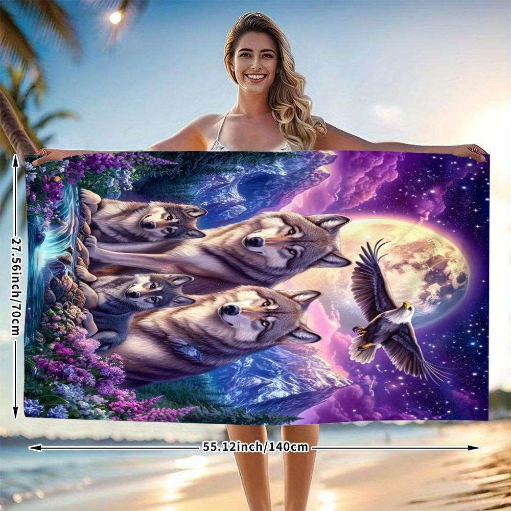 Wolf Family Moonlit Mountain Beach Towel, Wilderness Nature Art Quick-Dry Sand-Free Microfiber Bath Towel for Swim and Camping
