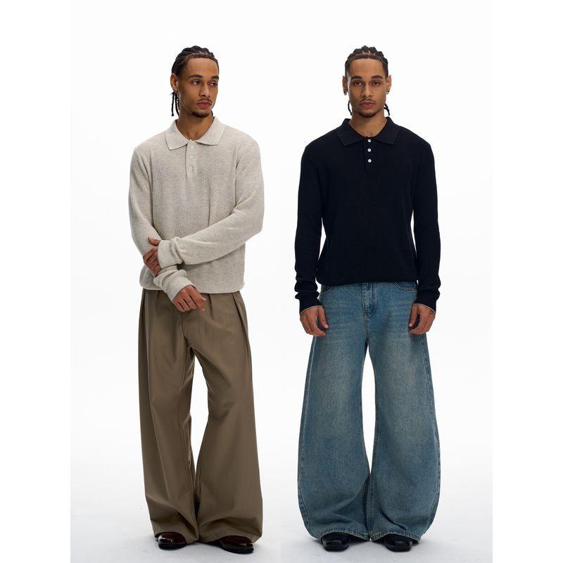 Kisko Simple Retro Polo Collar Basic Knit Long-Sleeve Unisex High-End Cleanfit Top Trendy