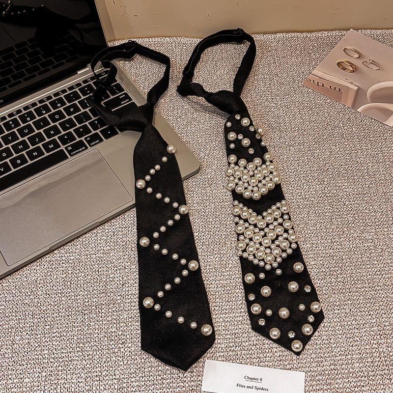 Pre Tied Black Fashion Neckties With Faux Pearl Rhinestone Decor Perfect For Party Wedding Daily Wear Special Events