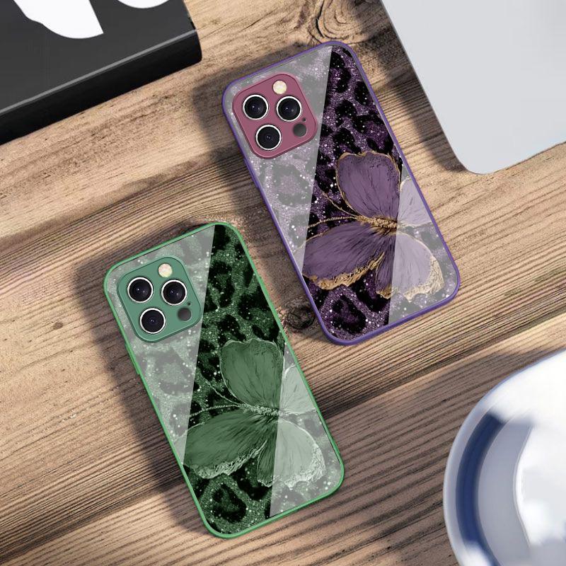 Leopard Purple Butterfly For IPhone 16 Pro Max 15 Pro 14 13 12 Mini 11 XS M ax XR 7 8 Plu SE 2022 Tempered Glass Phone Case