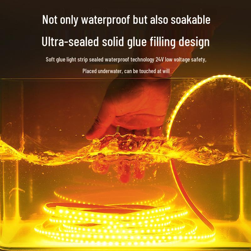Wasserdichtes Niedervolt IP68 Silikon COB LED Streifenlicht 24V/12V, Unterwasser tauchfähig, Selbstklebend, Flexibel für den Außenbereich.