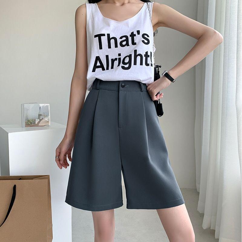 Women's High-Waist Black Bermuda Shorts: Summer, Loose, Straight-Leg, Slimming A-Line, Hong Kong Style.
