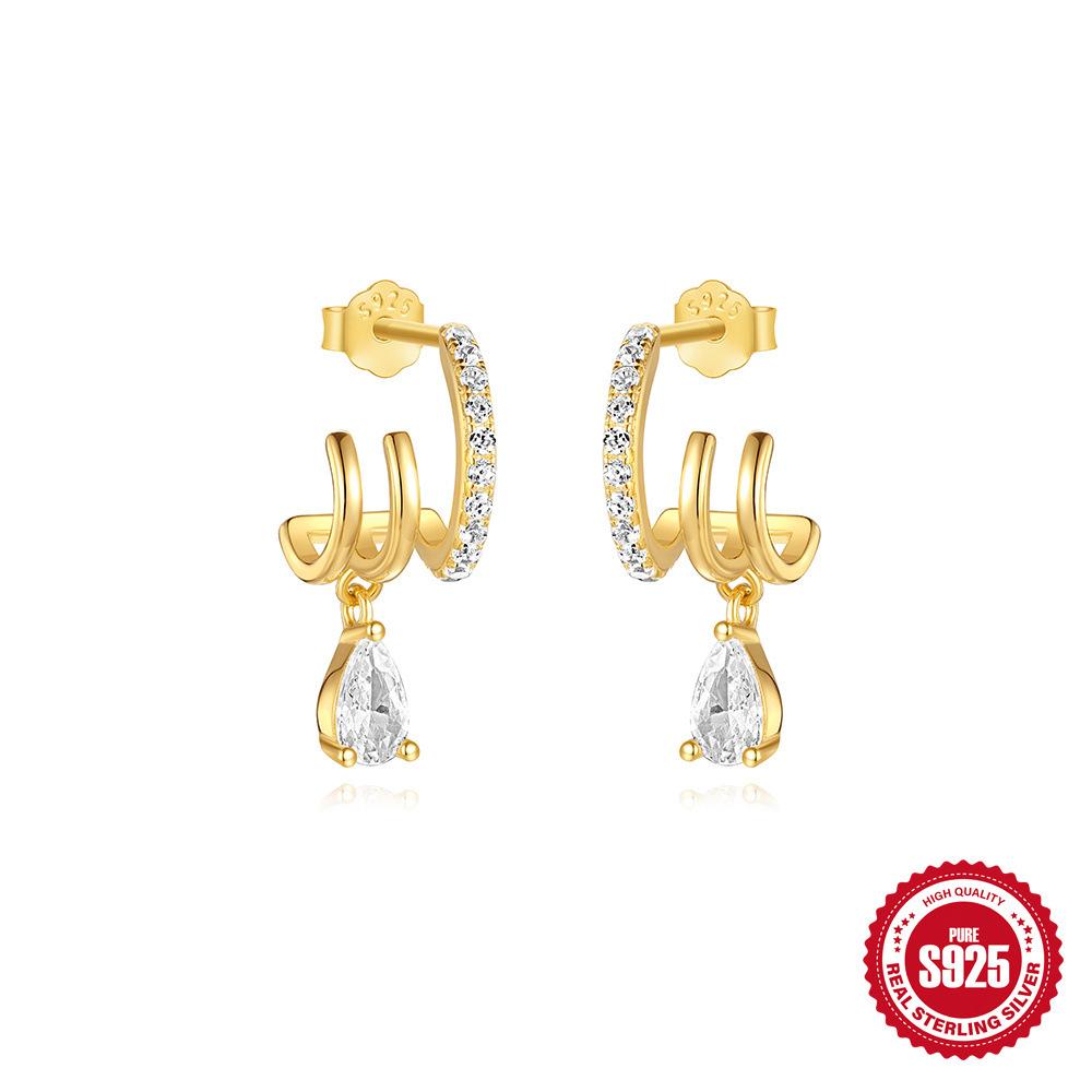 Daily Wear S925 Sterling Silver Round Diamond-Encrusted Bow Five-Pointed Star Three-Layer Earrings Micro-Inlaid Stud Earrings