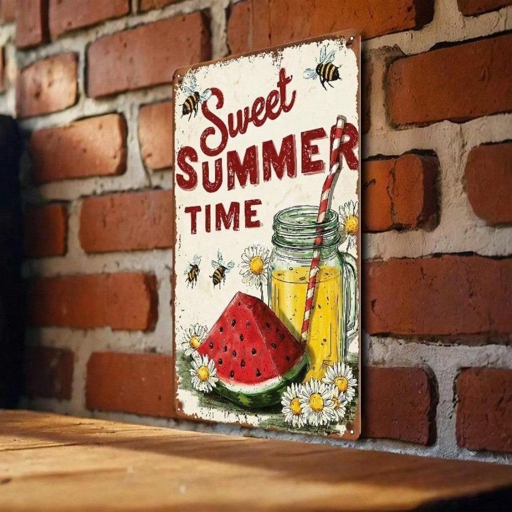 1PC Vintage Metal Tin Sign, Sweet Summer Time Retro Watermelon Lemonade Plaque, Sturdy Farmhouse Wall Art, 8x12 Inch