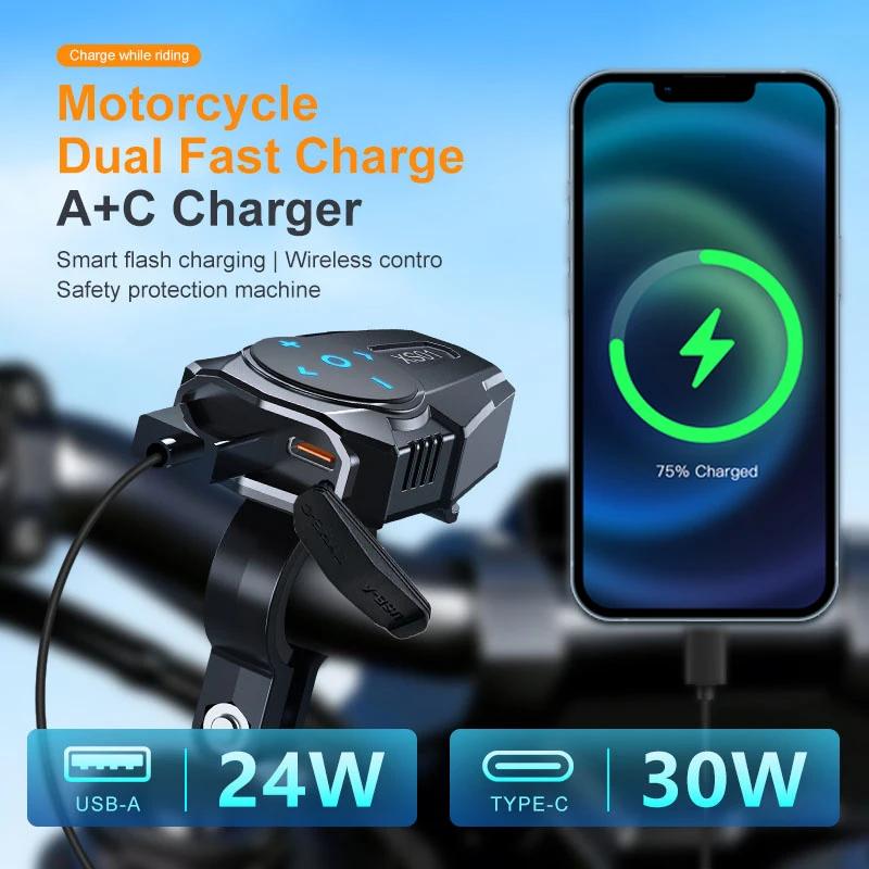 PD QC3.0 Motorcycle Charger Handlebar USB Type C Port Power Socket 12V Waterproof Bluetooth Remote Controller For Helmet Headset