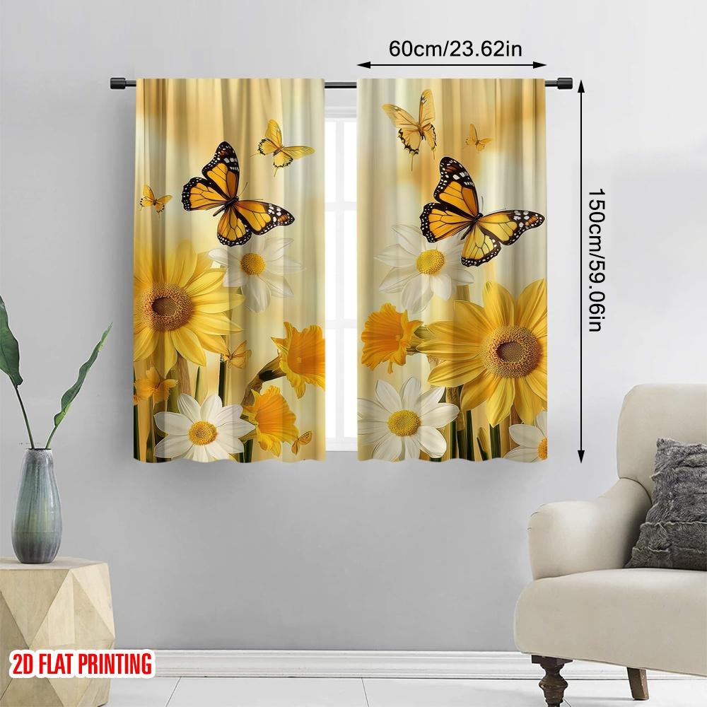 2D Flat Printing 2pcs Yellow Flower Butterfly Print Curtains Polyester For Living Room Kitchen And Dining Area Decor Privacy