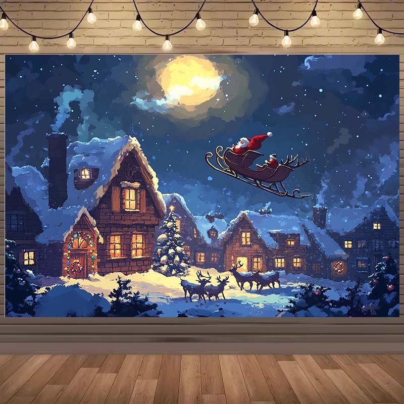 Santa Claus Sled Village Christmas Background with Moon Snow and Reindeer - Polyester No Power Required