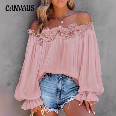 Autumn Sexy One-word Collar Strapless Long-sleeved Chiffon Shirt New Lantern Sleeve Loose Top Women's Clothing