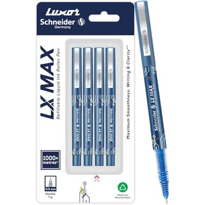 Luxor Schneider, LX MAX Roller Ball Pen, Pack of 4 - Blue, Needle Tip, 0.5mm, 100% German Technology, 1000+ Mtrs Writing