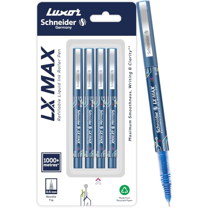 Schneider Luxor, Stylo roller LX MAX, Lot de 4 - Bleu, Pointe aiguille, 0,5 mm, Technologie 100 % allemande, Écriture de plus de 1000 m