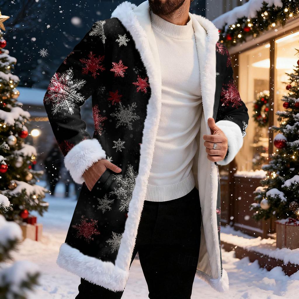 Men's Christmas Long Hooded Cardigan With Pockets Warm Jacket