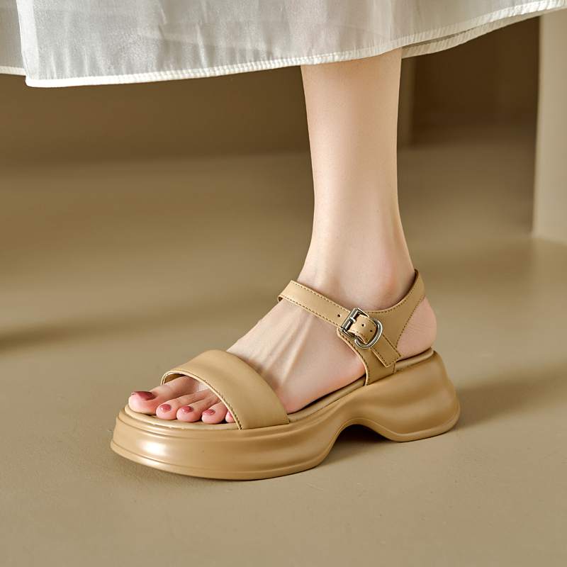 Krazing Pot Sheepskin Peep Toe Thick High Heels Summer Shoes Buckle Straps Platform Casual Women Sandals