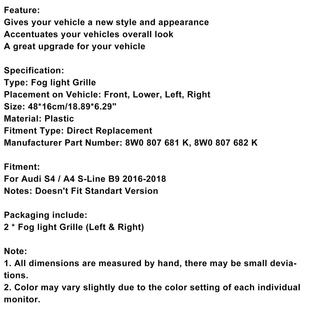 2PCS Fog Light Cover Grille Grill Fit A4 B9 S-Line S4 2016-2018