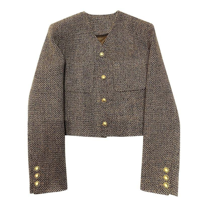 Khaki Woolen Cardigan - 2024 Autumn British Socialite Style for Women