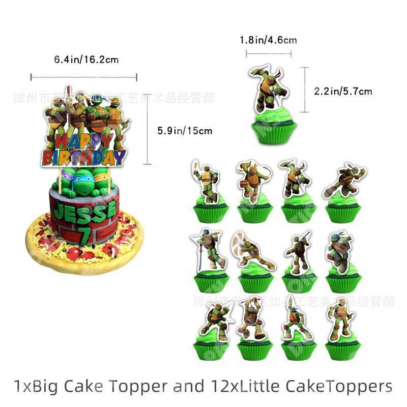 Teenage Mutant Ninja Turtles Geburtstagsparty Zubehör Set: Banner Wimpelkette Kuchendekorationen Ballons Set, Grüner Held 4er-Pack, Partydekorationen für Kinder Jungen