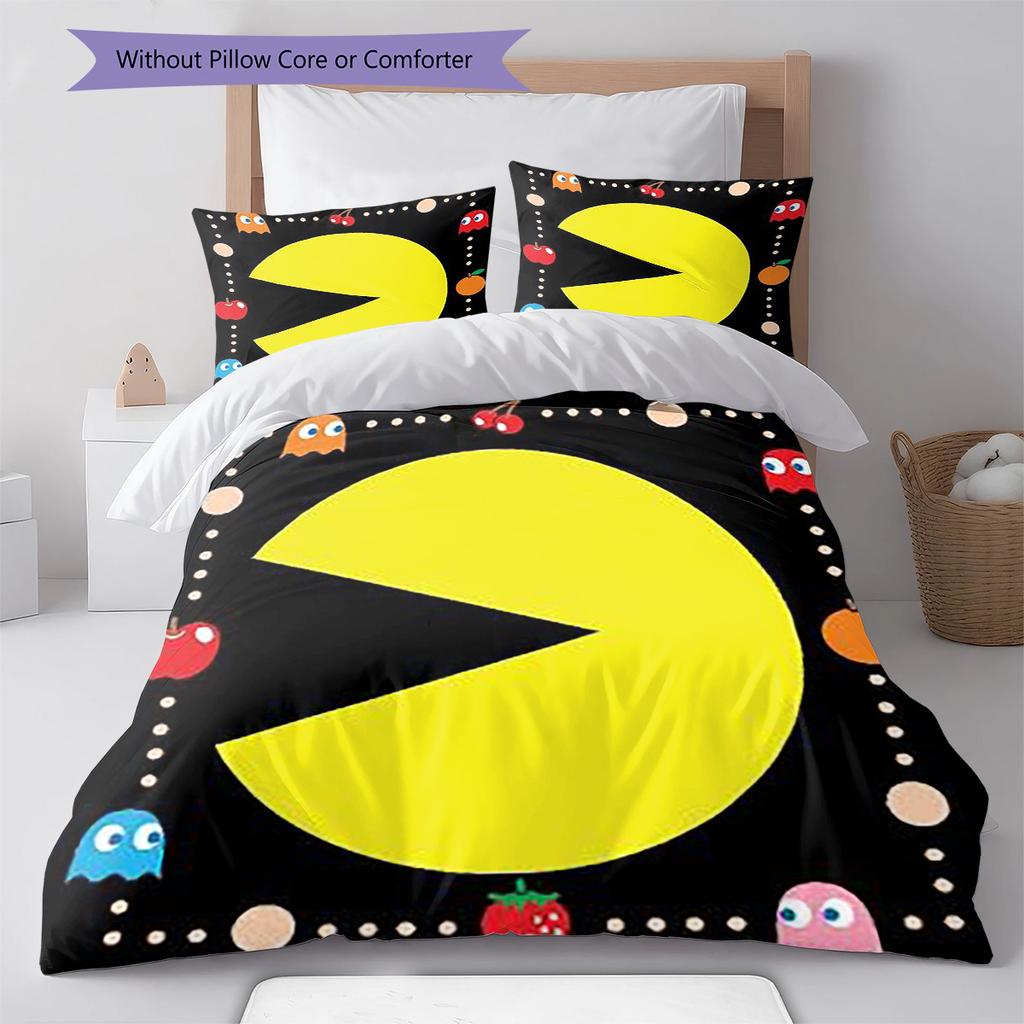 Pościel z wzorem Pac-Man, Zestaw kołdry Poszewka na kołdrę Poszewka na poduszkę Domowy prezent urodzinowy (1 * poszwa na kołdrę + 2 * poszewki na poduszki, bez rdzenia)